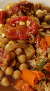 Garbanzo beans with roasted tomatoes and sweet corn; dilled mixed vegetables (carrot, celery root, cabbage, collards)