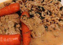 Seitan and michigan baby carrots in lemon-dill sauce; brown rice and brussel sprouts