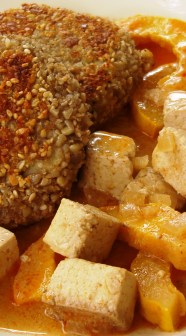Tofu dijon with delicata squash.JPG; sesame-sunflower potato cakes
