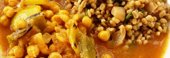 Chole with bell peppers.JPG; barley pilaf with ancho peppers and daikon radish