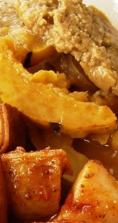 Seitan and delicata squash in picante sauce; patates braves Sidebar